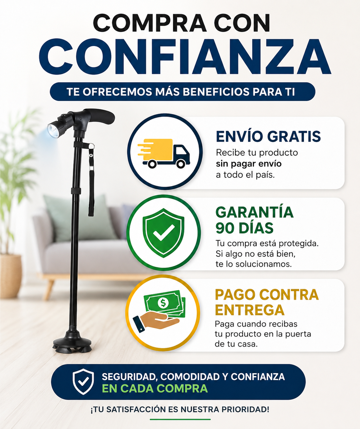 BASTÓN ORTOPEDICO PLEGABLE CON LINTERNA + ENVIO GRATIS!