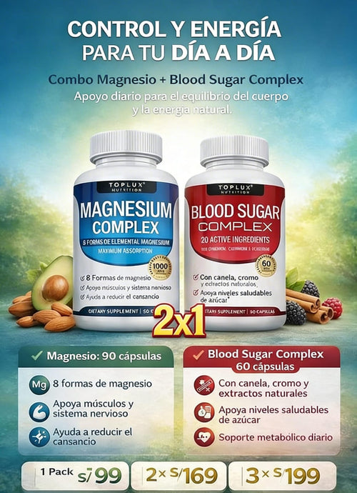 Combo Magnesium Complex 90 cápsulas + Blood Sugar Complex 60 cápsulas –control de azúcar en la sangre.