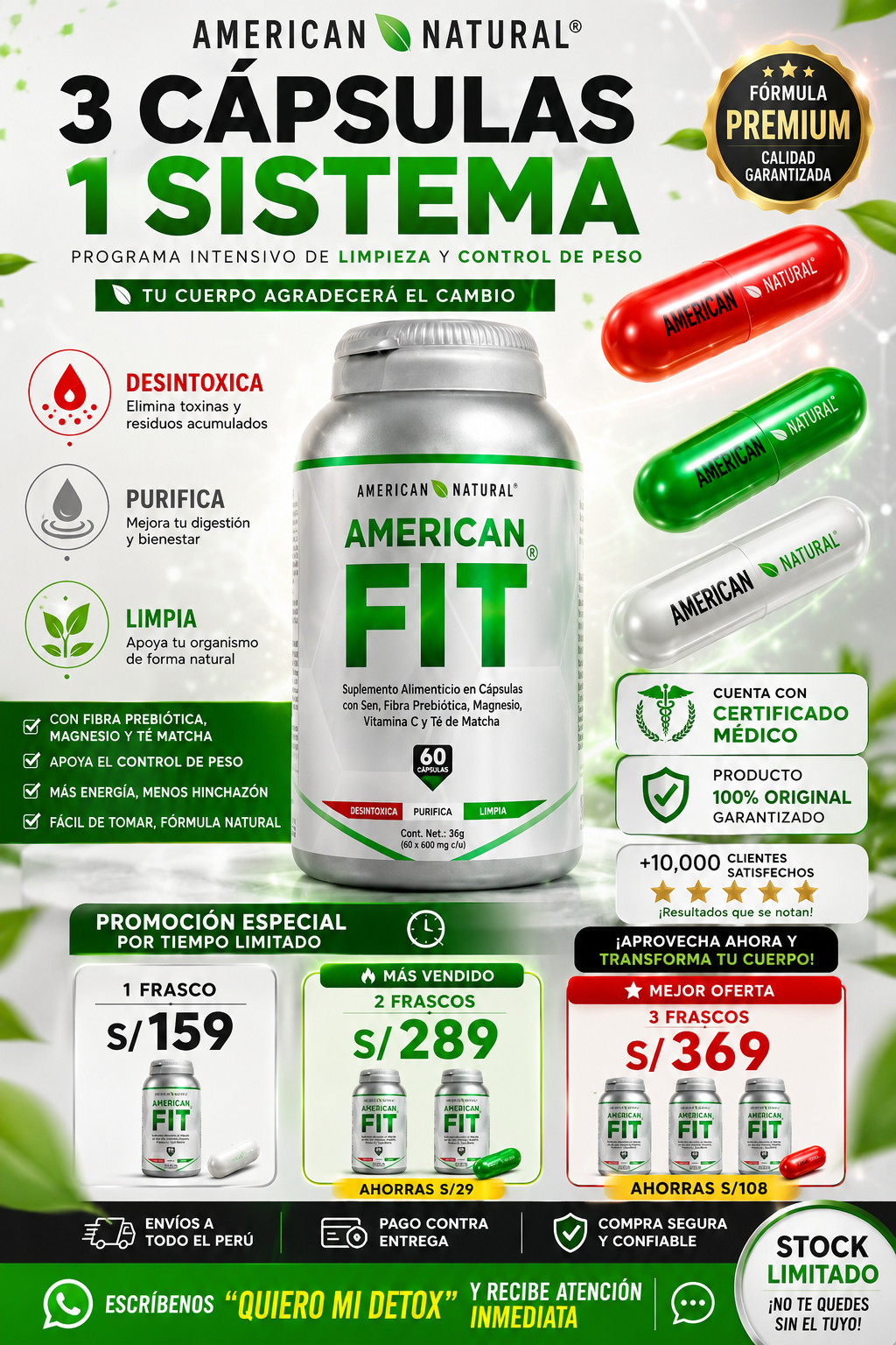 American FIT de American Natural 60 Cápsulas | Triple Acción Detox y Limpieza Digestiva