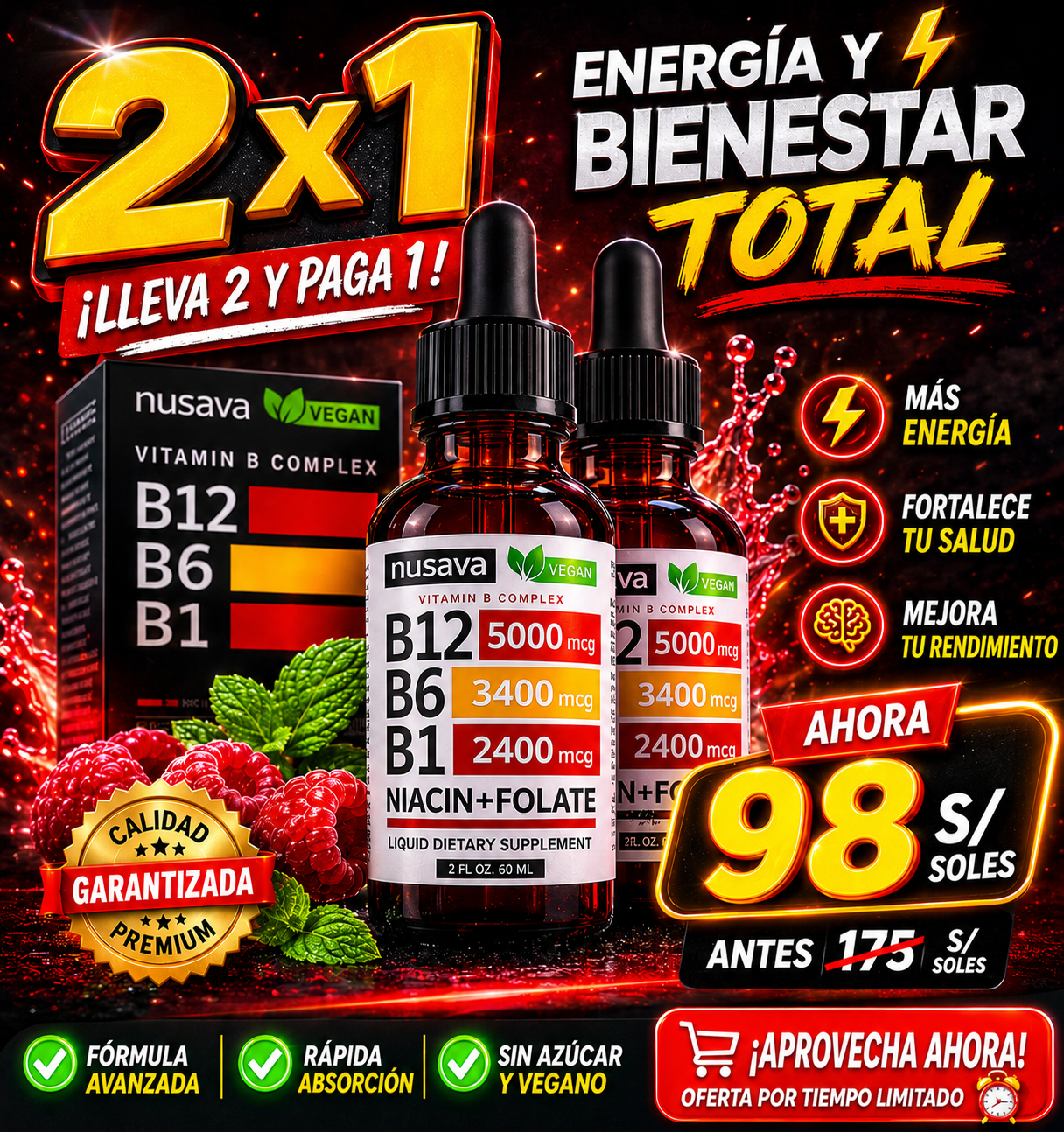 Vitamina B12 5000 mcg en Gotas Nusava – Complejo B Líquido Alta Potencia (2 Frascos)