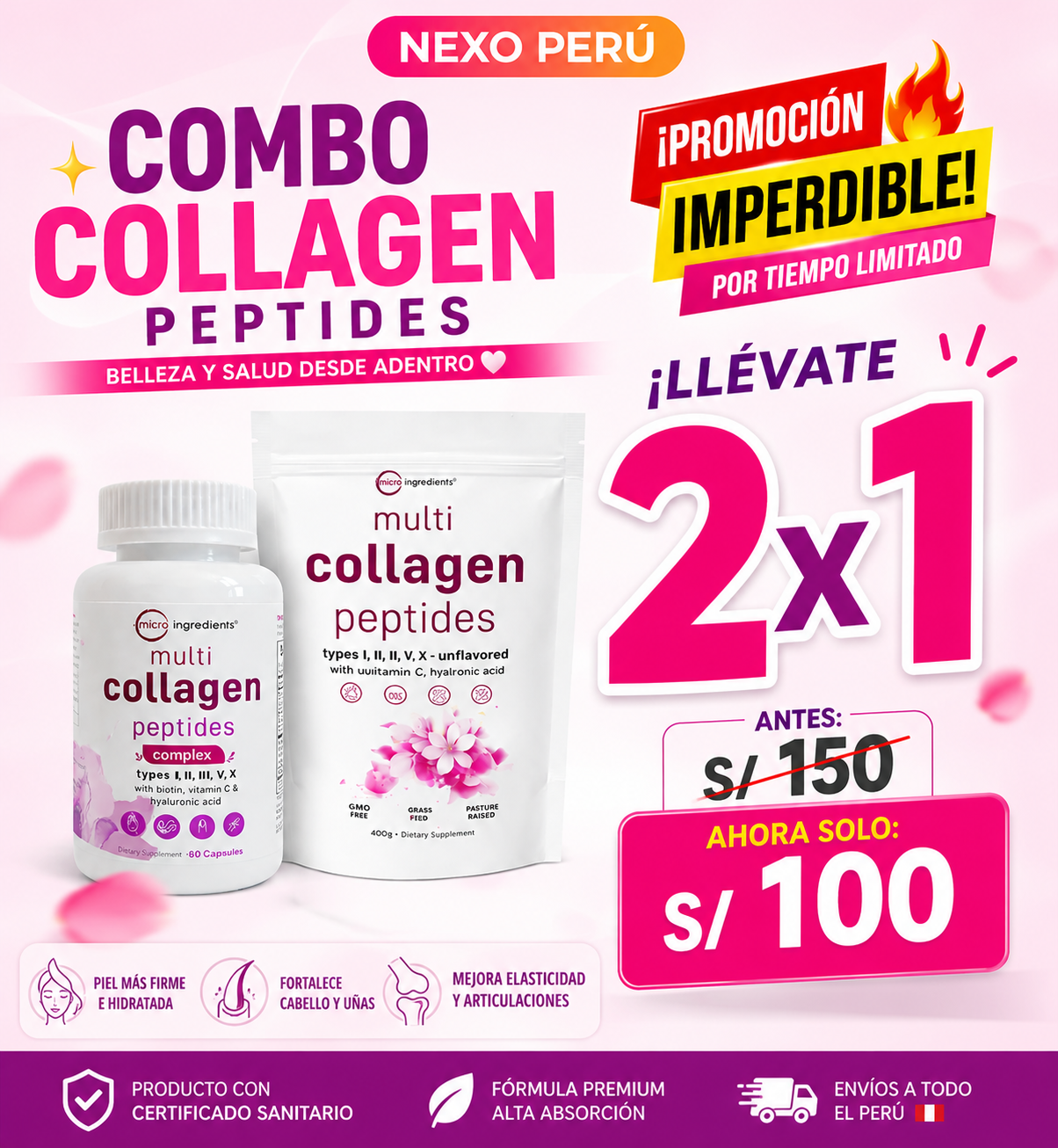 Multi Collagen Peptides – Soporte Integral para Piel, Cabello y Articulaciones  un sachet en polvo + un frasco (60 Cápsulas)
