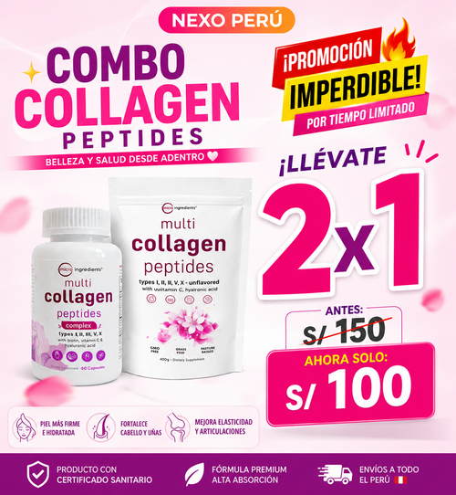Multi Collagen Peptides – Soporte Integral para Piel, Cabello y Articulaciones  un sachet en polvo + un frasco (60 Cápsulas)
