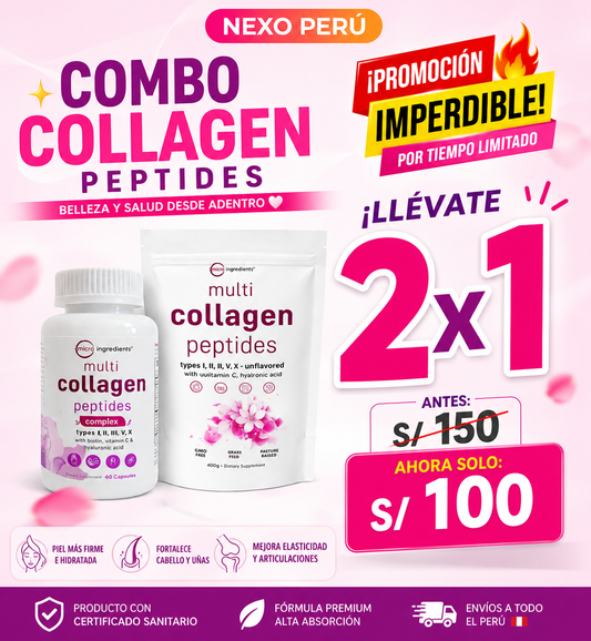 Multi Collagen Peptides – Soporte Integral para Piel, Cabello y Articulaciones  un sachet en polvo + un frasco (60 Cápsulas)